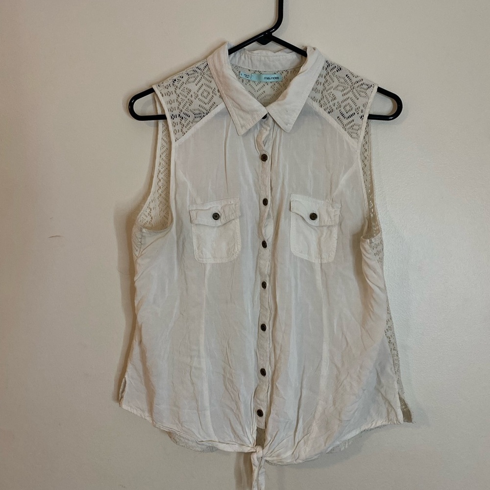 Maurices Ivory  Sleeveless bohemian  Button-Front Lace-Shoulder Top